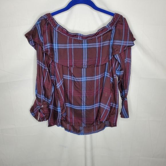 Loft Plaid Off Shoulder Long Sleeve Ruffle Top Blouse Women's Size XXSP NWOT. - Picture 8 of 9